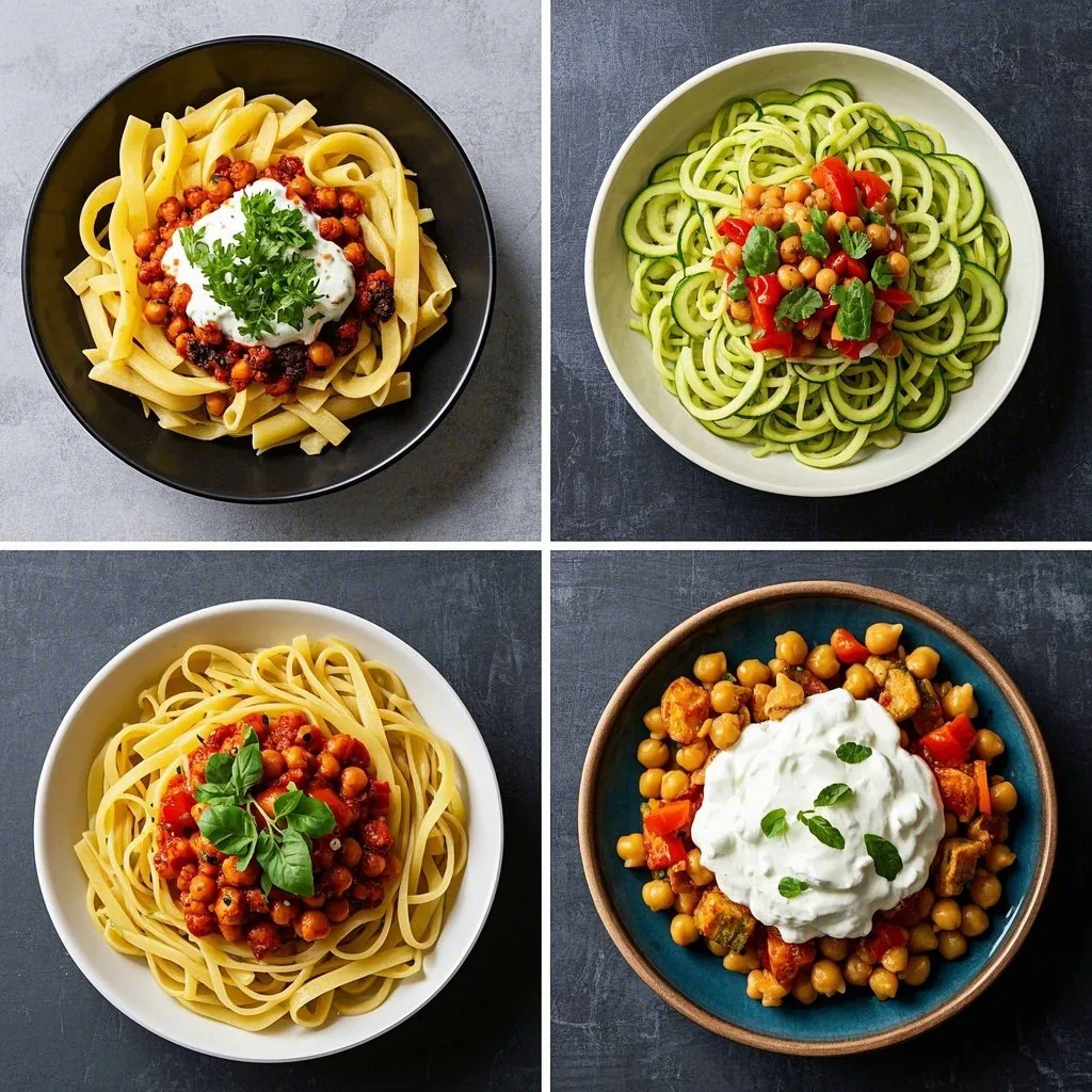 A side-by-side comparison of traditional pasta dishes versus their healthier protein-rich alternatives