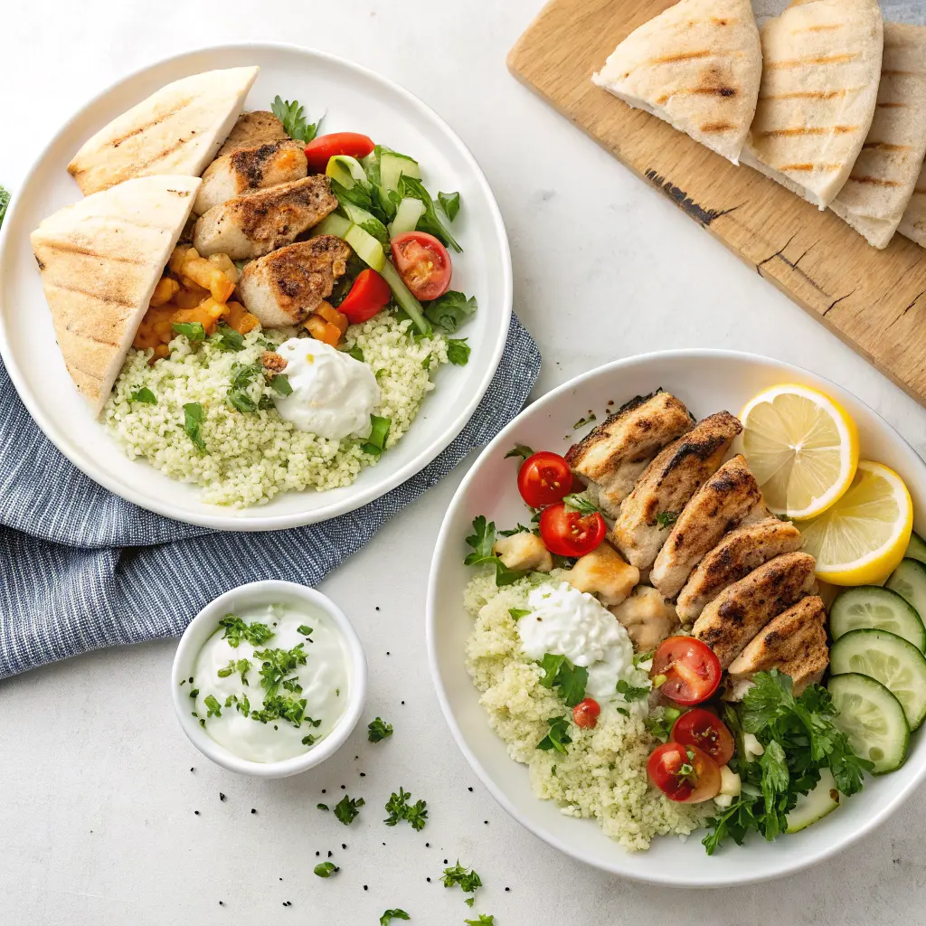 A side-by-side comparison of two Cava chicken meals - the traditional version with pita and tzatziki on the left