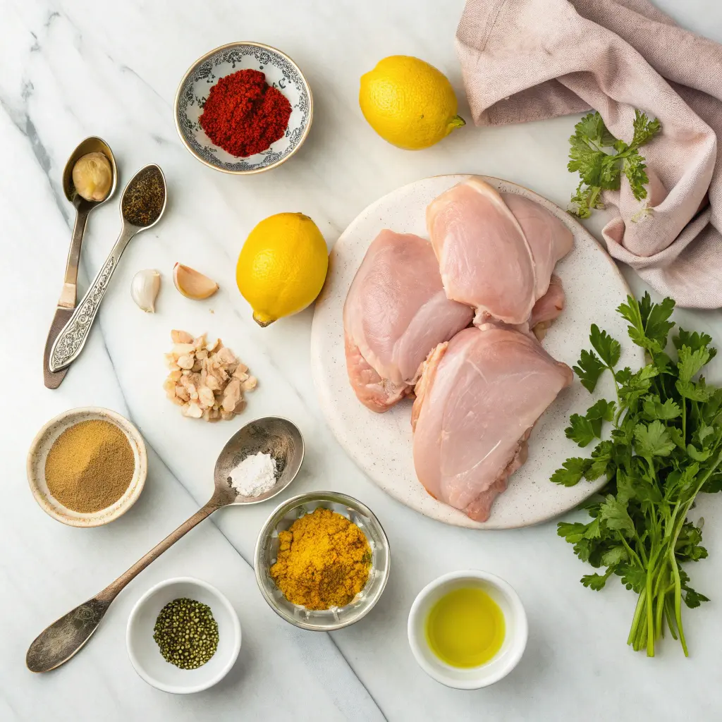 A flat-lay arrangement of all Cava chicken recipe ingredients on a light marble countertop
