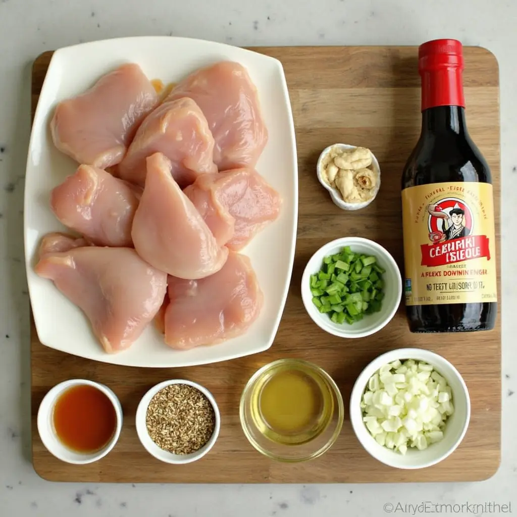 A neatly organized flat lay of all ingredients for teriyaki chicken using bottled sauce