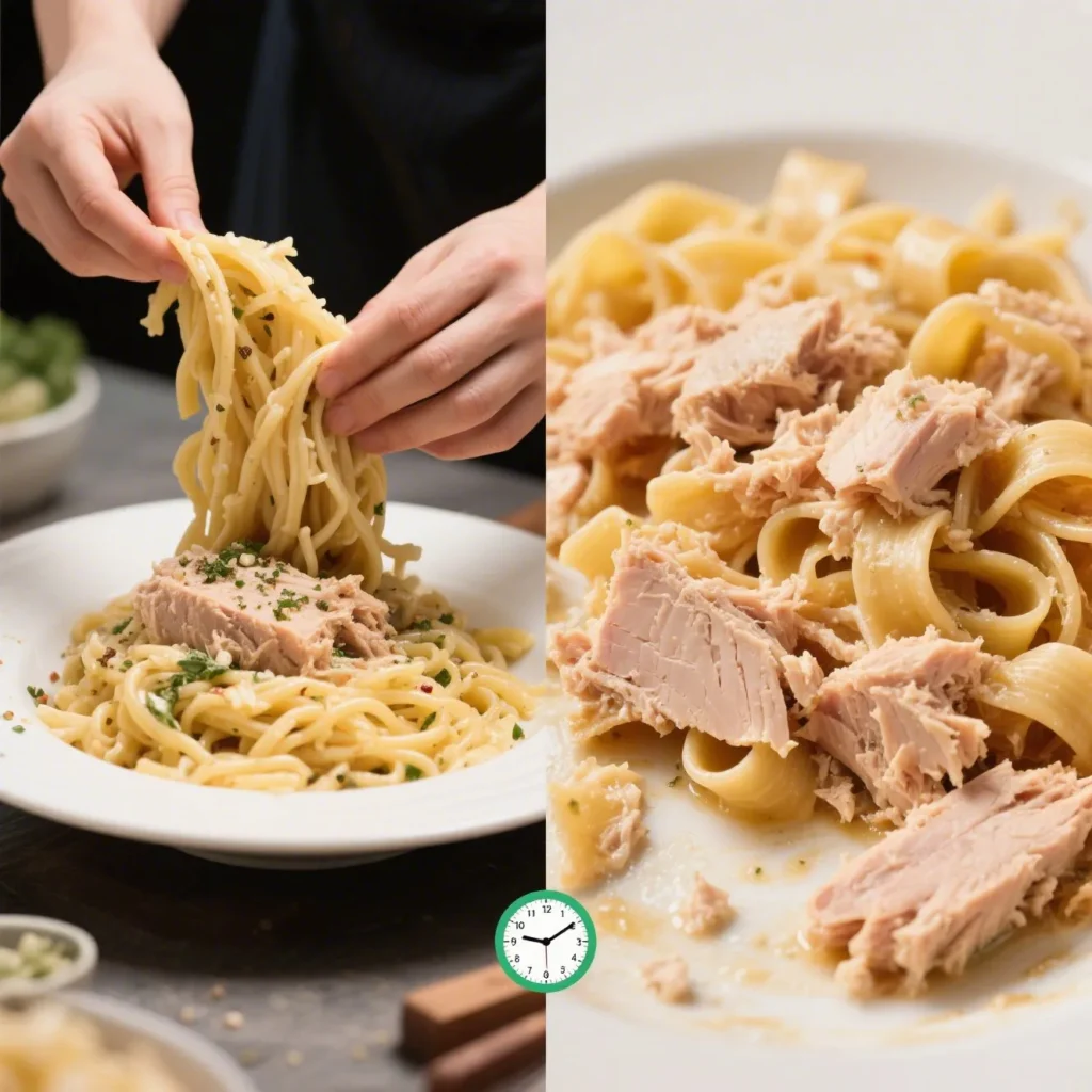 Split-screen showing correct vs. incorrect tuna helper preparation techniques.