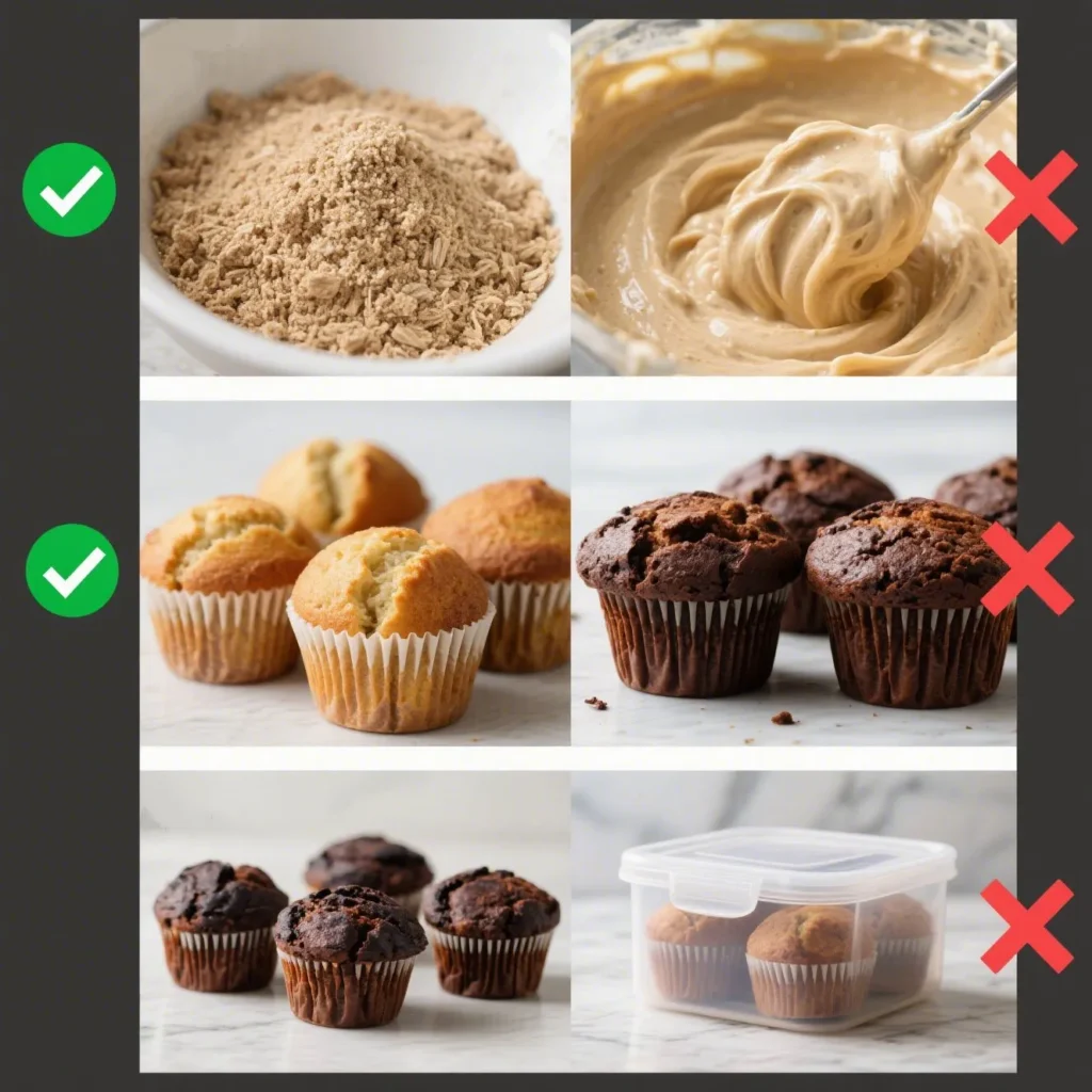 A split-screen image showing correct versus incorrect bran muffin techniques