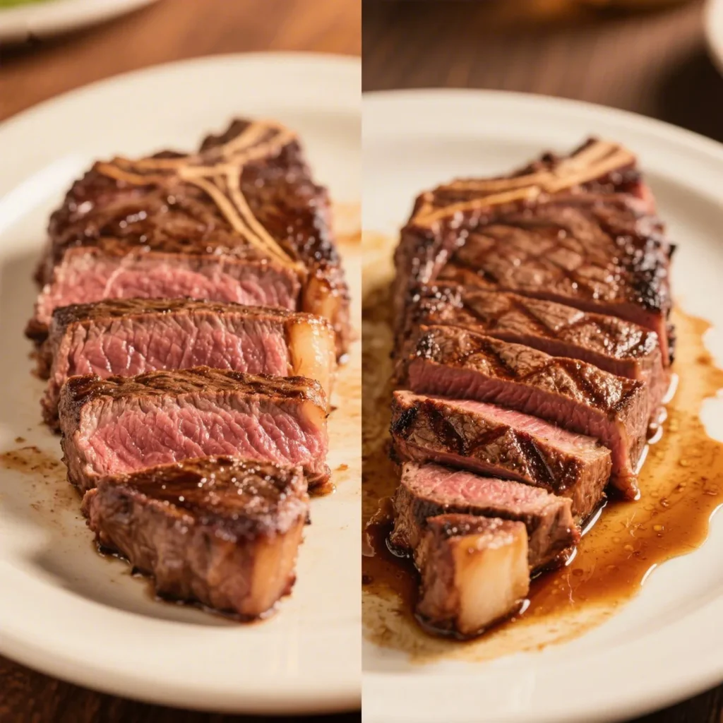 A comparison image showing two Denver steaks side by side