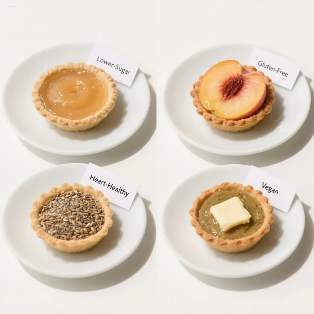 A split image showing four mini versions of the peach pie, each clearly labeled
