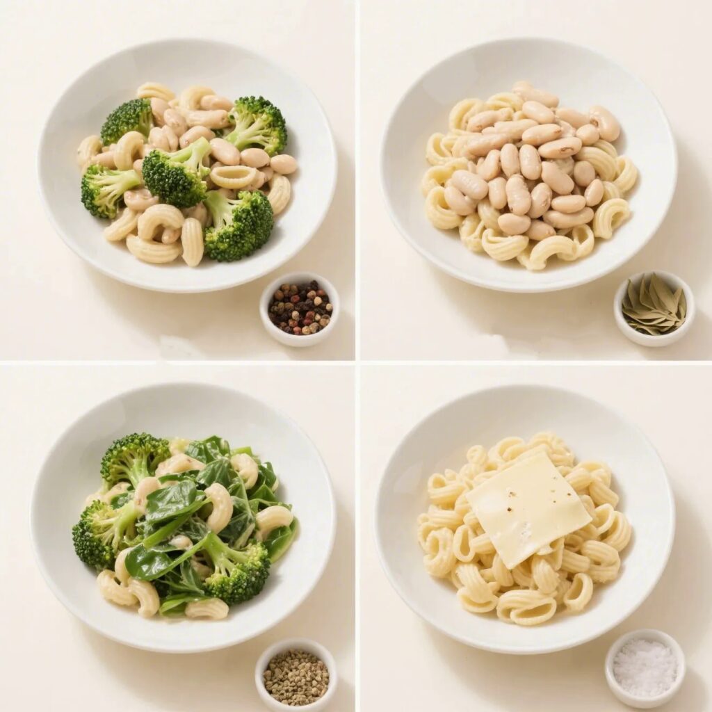 A split image showing four variations of the cavatelli and broccoli dish in white bowls on a light background