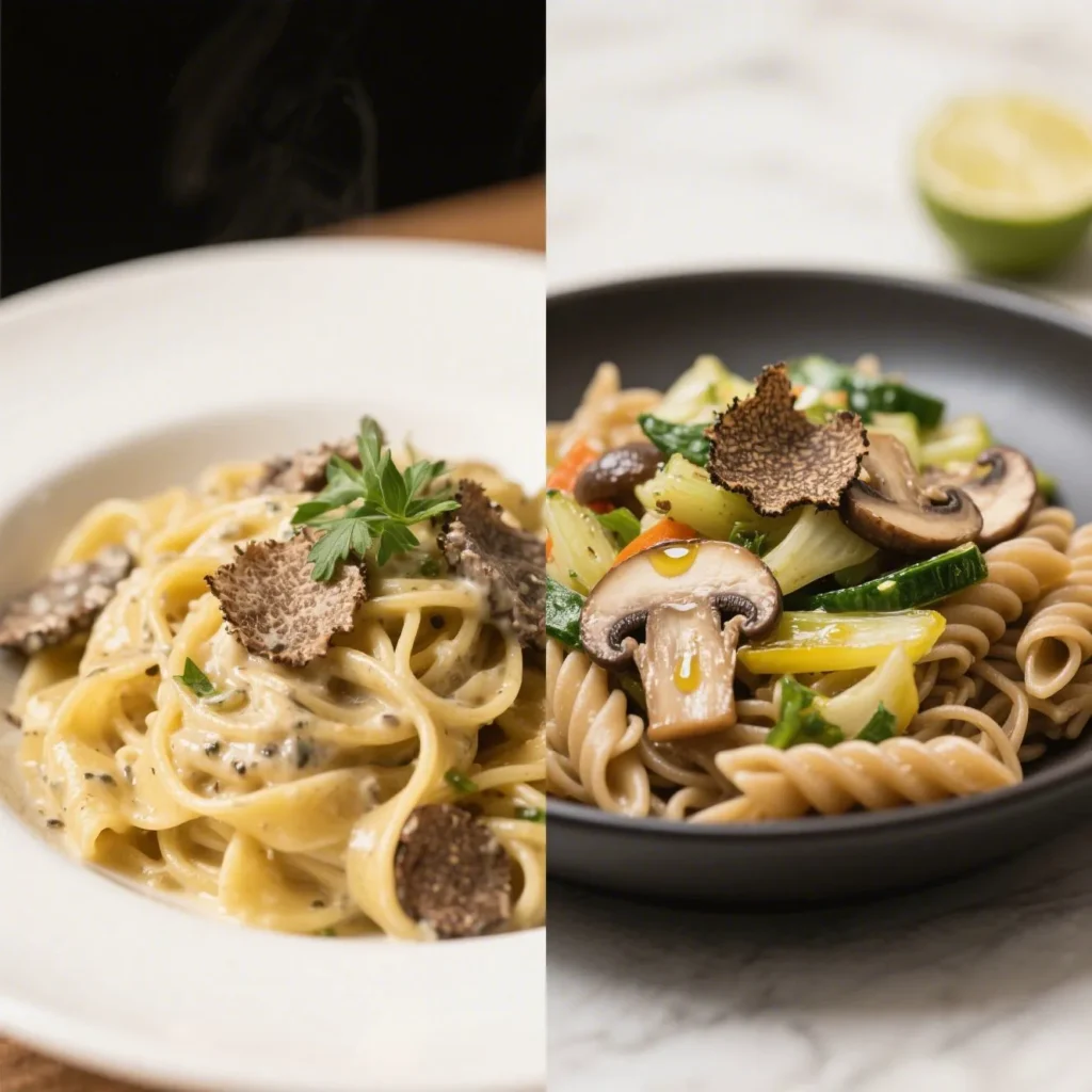 A split comparison showing the original truffle pasta on one side and its healthier version on the other