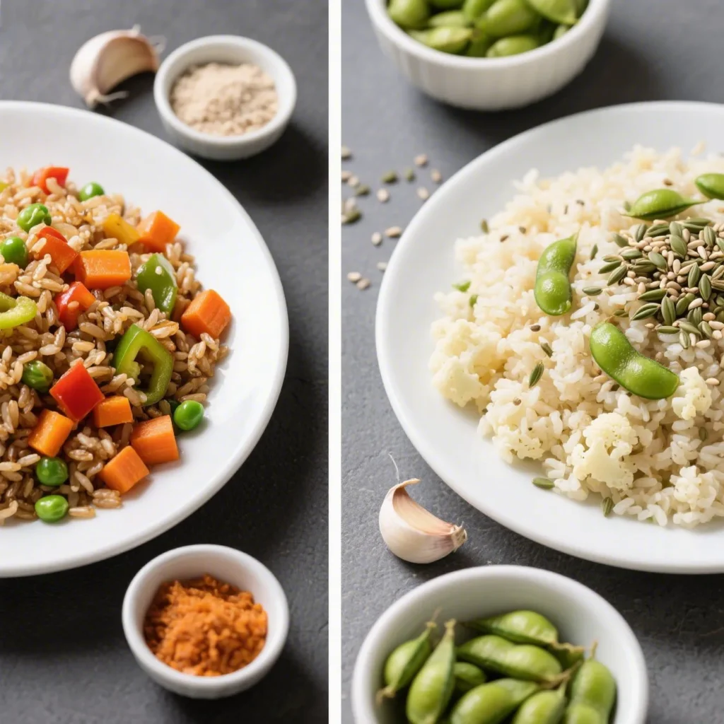 Side-by-side comparison of traditional garlic fried rice versus healthier versions on white plates