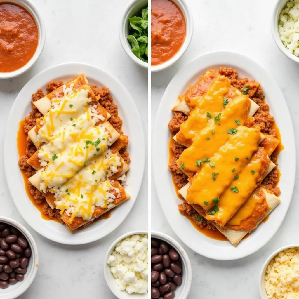 Create a side-by-side comparison showing traditional versus healthier versions of the chicken enchiladas.
