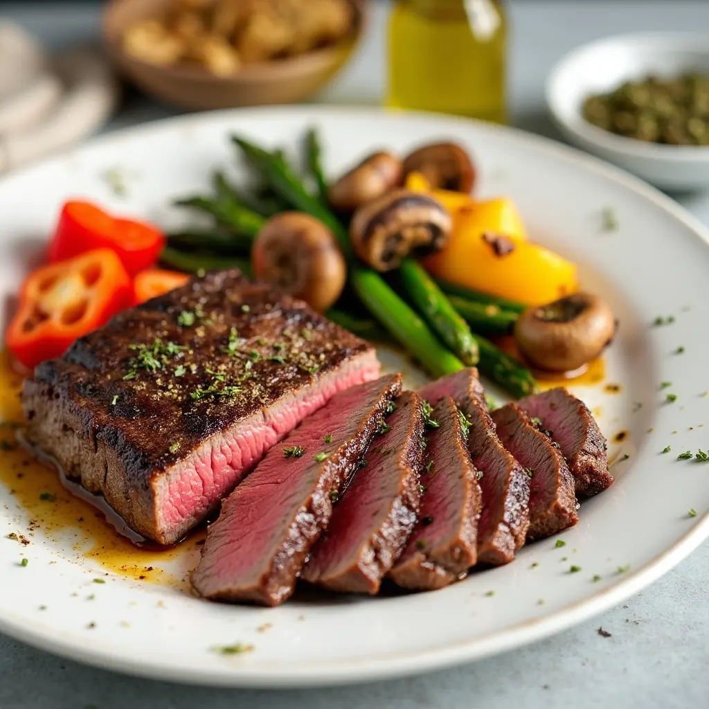 A healthy Denver steak meal featuring sliced steak fanned out on a white plate alongside colorful roasted vegetables (bell peppers, asparagus, mushrooms), an oil sprayer in the background, and a small dish of herb mixture, emphasizing the lighter preparation method.