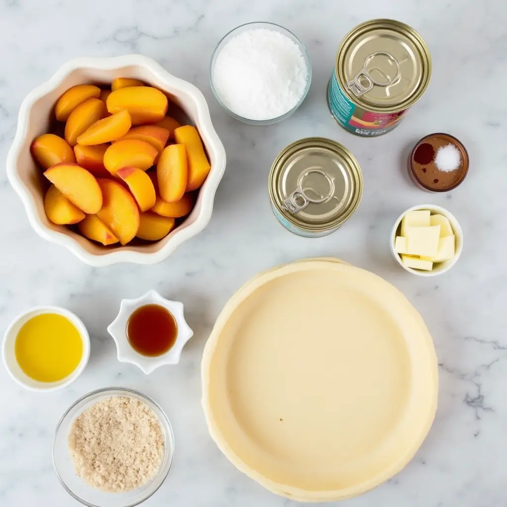 A well-organized flat lay of all ingredients for canned peach pie on a light marble countertop