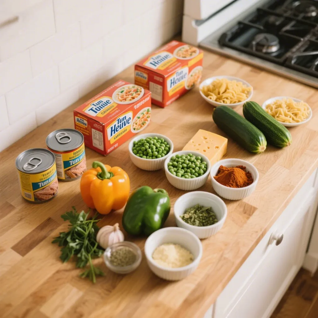 Organized cooking station with three distinct groupings of ingredients for tuna helper recipes