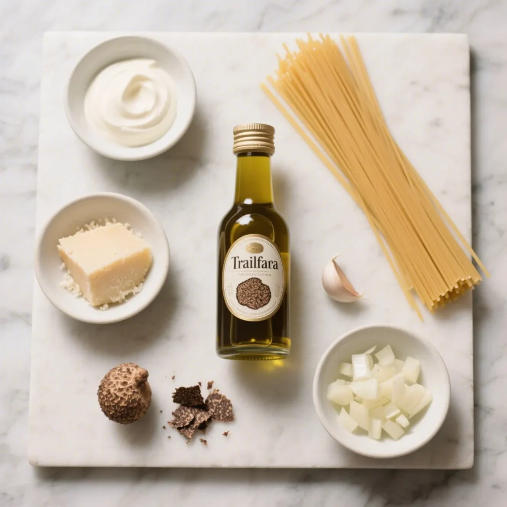 A neatly organized flat lay of all truffle pasta ingredients on a marble countertop