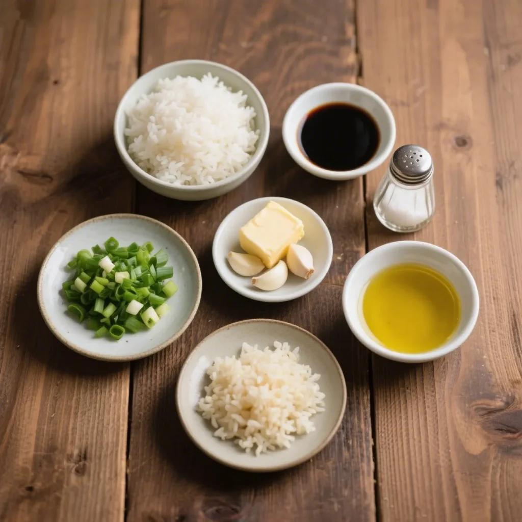 Overhead view of all garlic fried rice ingredients arranged separately in small bowls and plates on a wooden surface