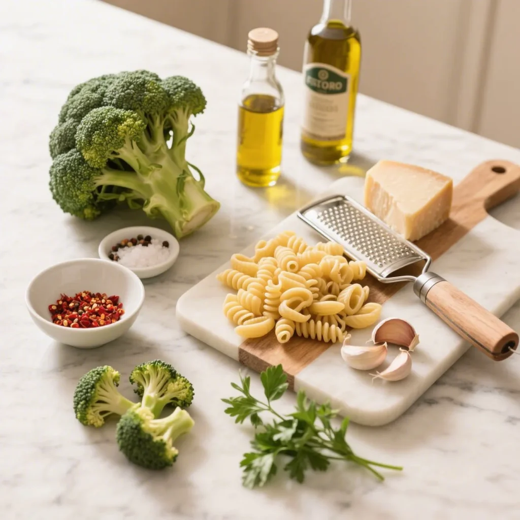 An organized flat lay of all ingredients for cavatelli and broccoli recipe on a marble countertop