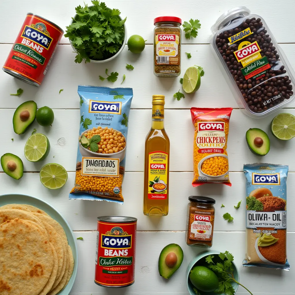 Create a styled flat-lay photograph showing neatly arranged Goya ingredients for the recipes