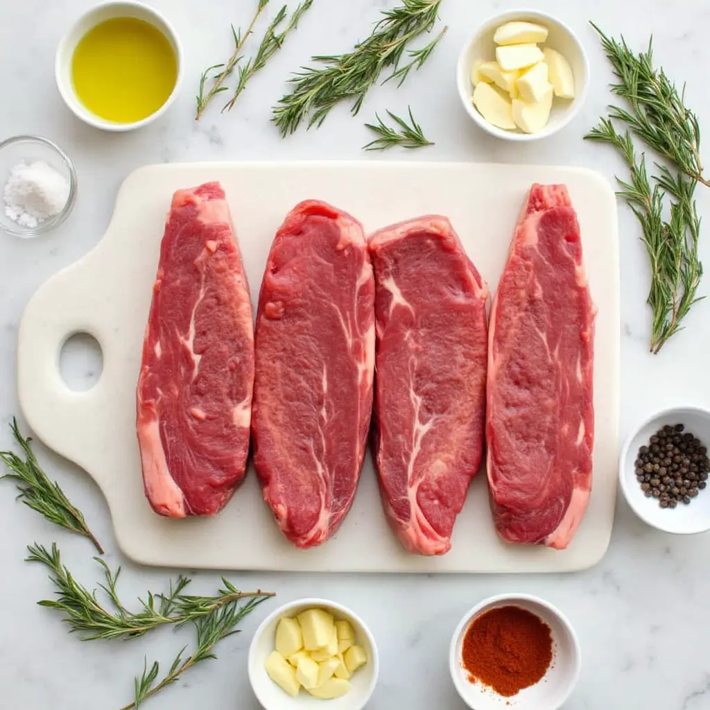 Raw Denver steaks on a marble cutting board surrounded by organized cooking ingredients
