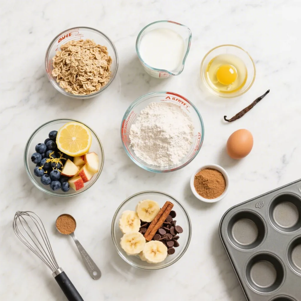 A neatly organized flat lay of all bran muffin ingredients on a light marble countertop