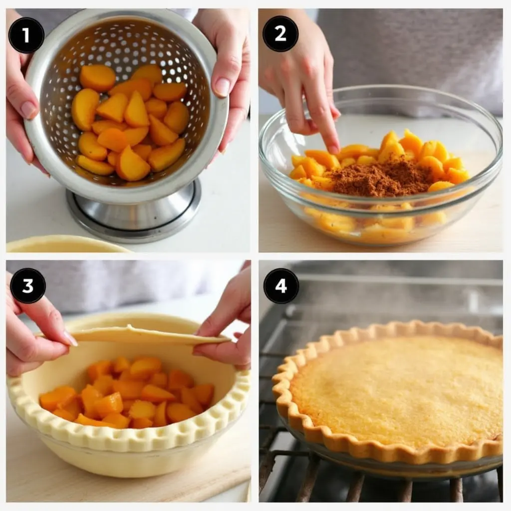 A split image showing four mini versions of the peach pie, each clearly labeled