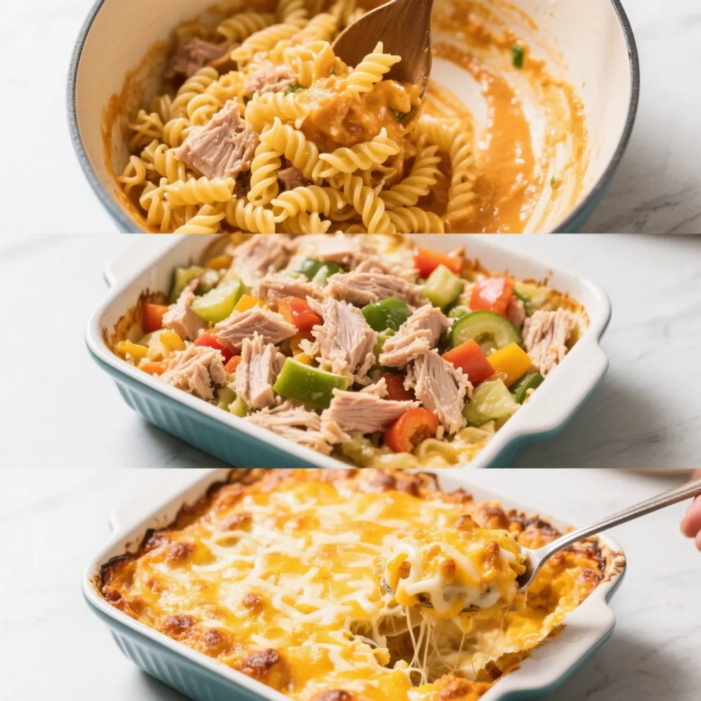 Four-panel process photo showing the progression of making cheesy tuna helper casserole