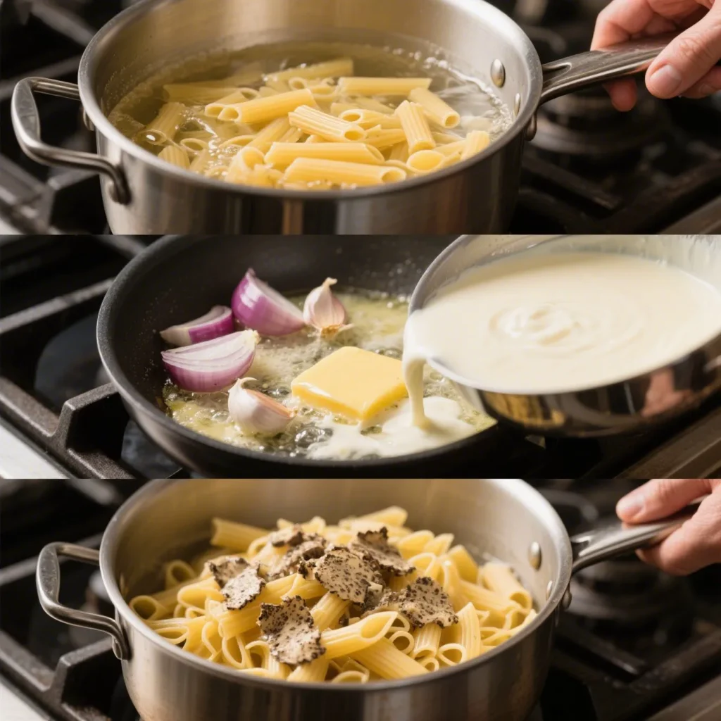 A sequence of three connected images showing the pasta cooking process