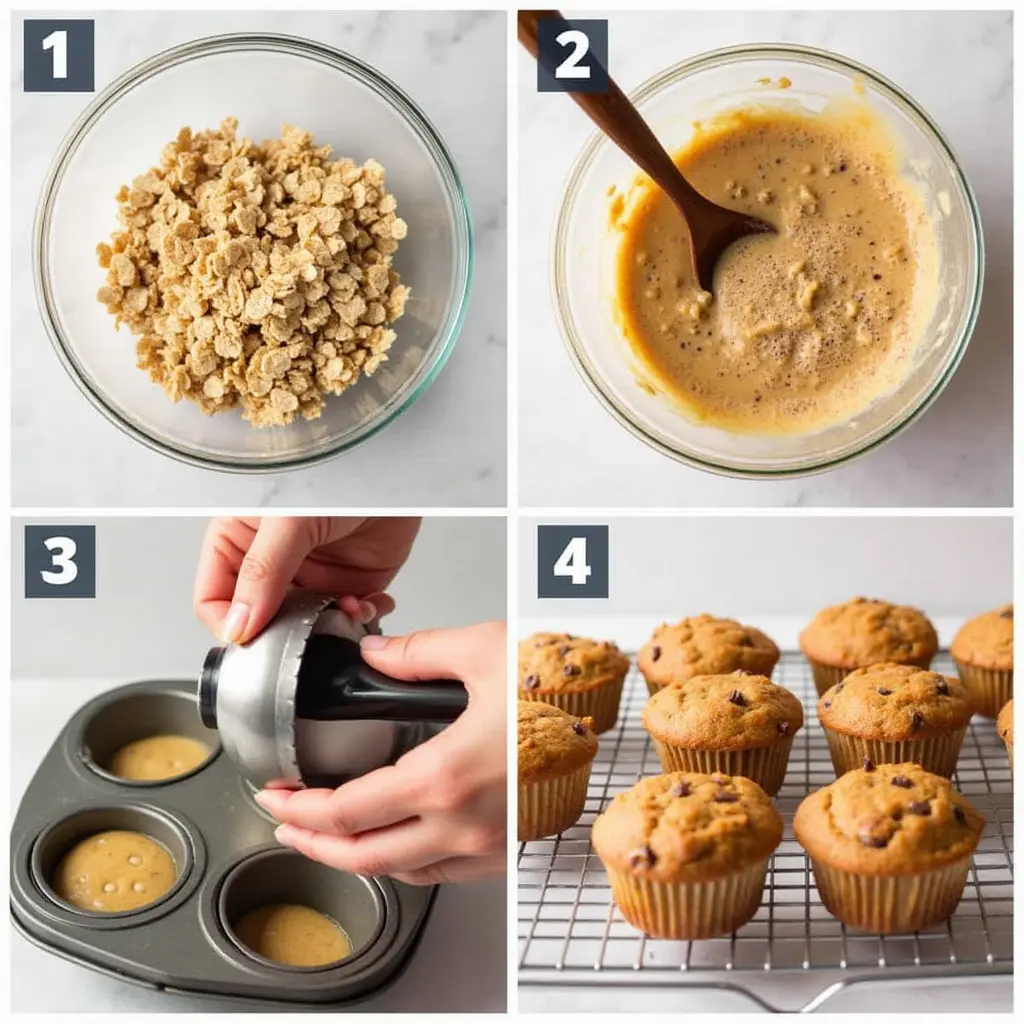 A four-panel collage showing the key steps of making all bran muffins