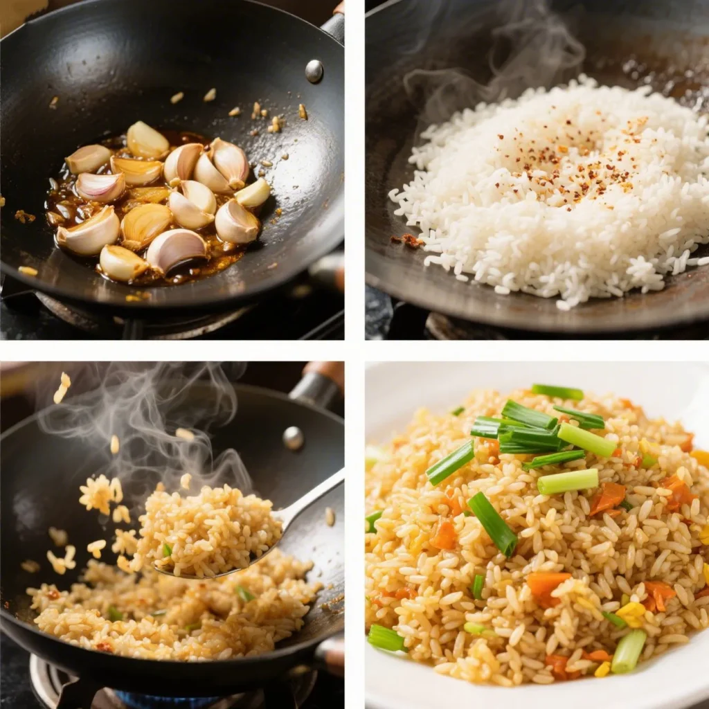 Four-panel collage showing key steps of making garlic fried rice