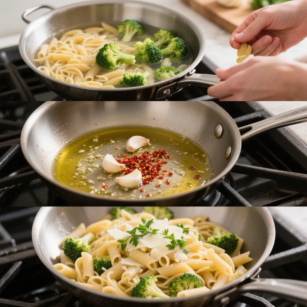 A sequence of three cooking photos showing