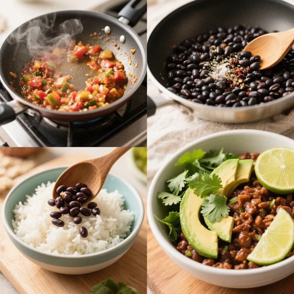 Create a four-panel sequence showing the preparation of the Quick Cuban Black Bean Bowl.