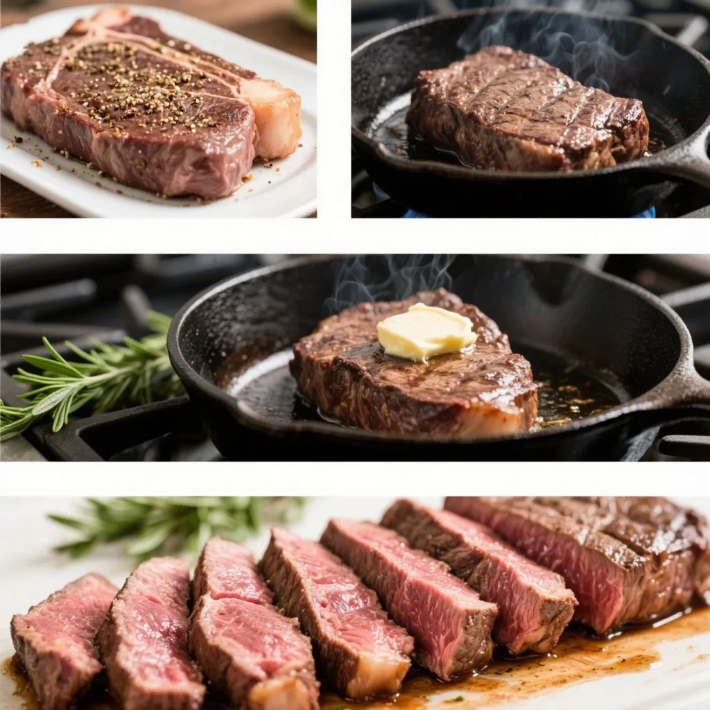 A sequential collage showing four cooking stages of Denver steak preparation